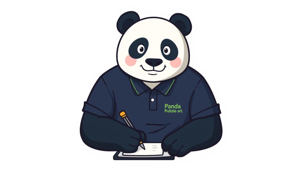 immagine di un panda in stile cartone animato, con indosso una polo blu scuro con scritto in verde panda pulizie srl , che compila un preventivo