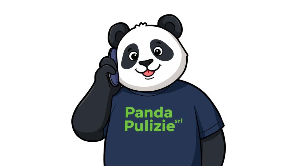 Panda In Stile Cartone Animato Con Indosso Una Maglietta Blu Scuro Con Scritto In Verde Panda Pulizie Srl Che Sta Parlando Al Cellulare 1 1024x573